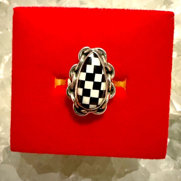NWOT Handmade Sterling Silver Black & White Checkered Chain Design Ring - Picture 1 of 4